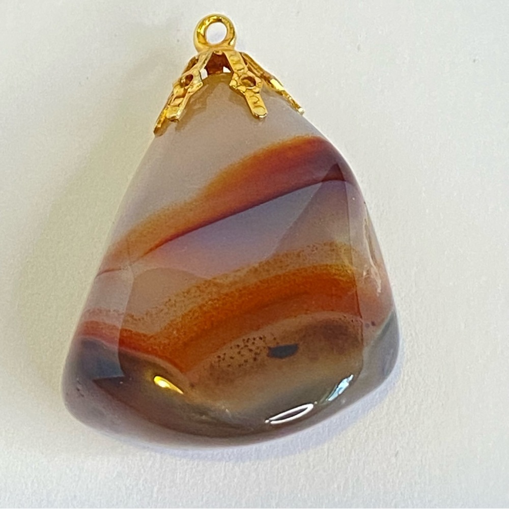 Vintage Banded Agate Pendant Natural Stone Polished Gold Tone Setting 1.3"